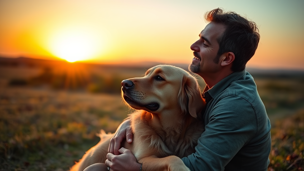 Man sitting peacefully with golden retriever at sunset, warm lighting, emotional bond, no text no words no letters