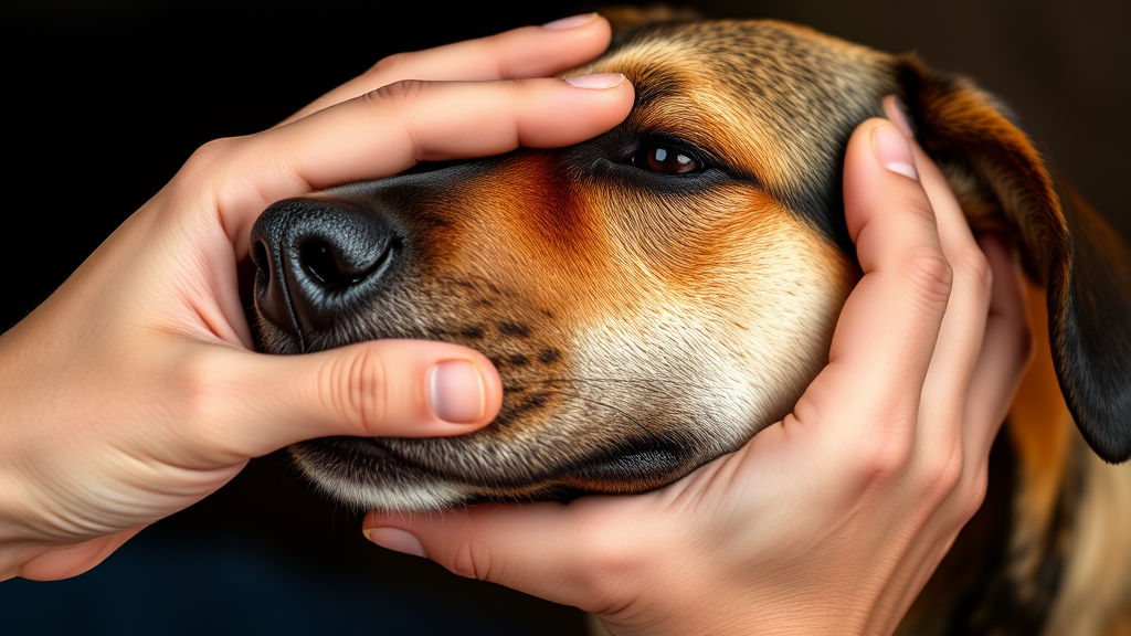 Close up of hands gently petting dog head, showing affection and trust between human and canine, no text no words no letters