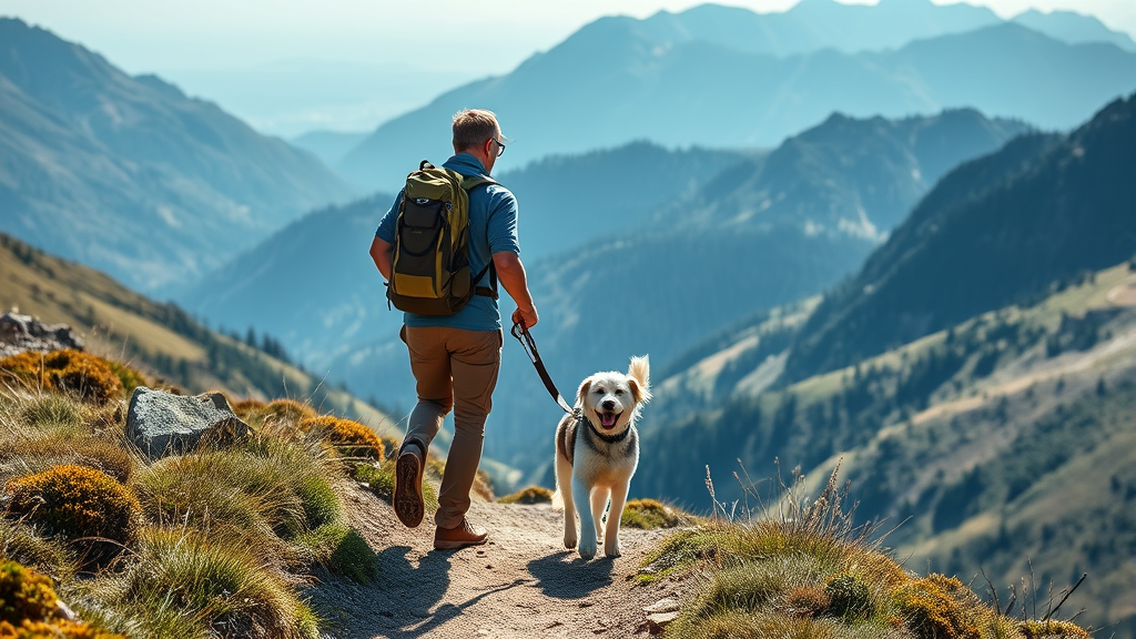 Man and dog hiking together on mountain trail, adventure companionship, beautiful landscape, no text no words no letters
