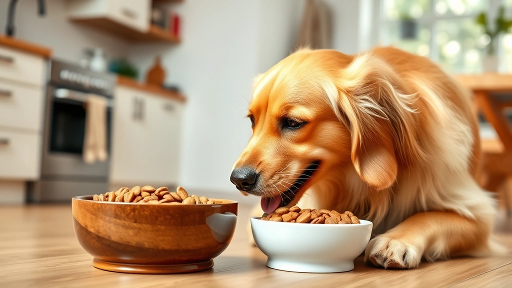 Golden retriever eagerly eating fresh dog food from a ceramic bowl in a bright kitchen, looking healthy and happy with shiny coat