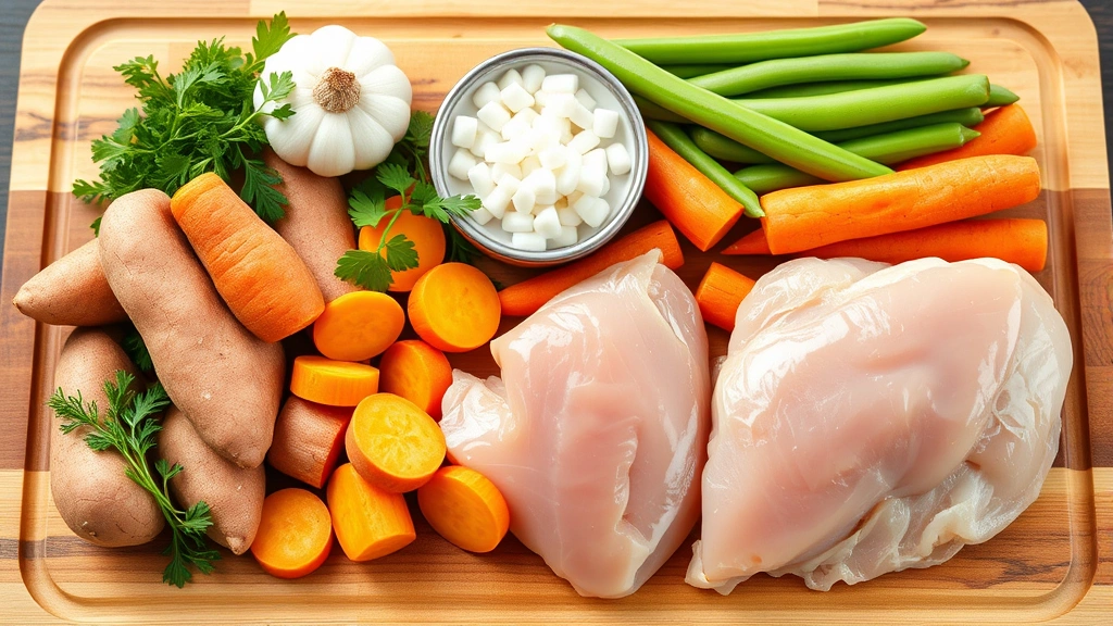 Variety of fresh dog food components including raw chicken breast, sweet potatoes, carrots, and green beans arranged on a wooden cutting board