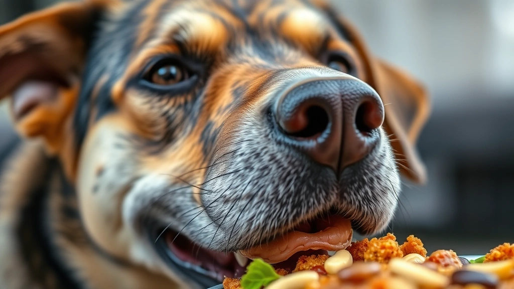 Close-up of a dog's face showing healthy skin and glossy coat, appearing satisfied after eating nutritious meal