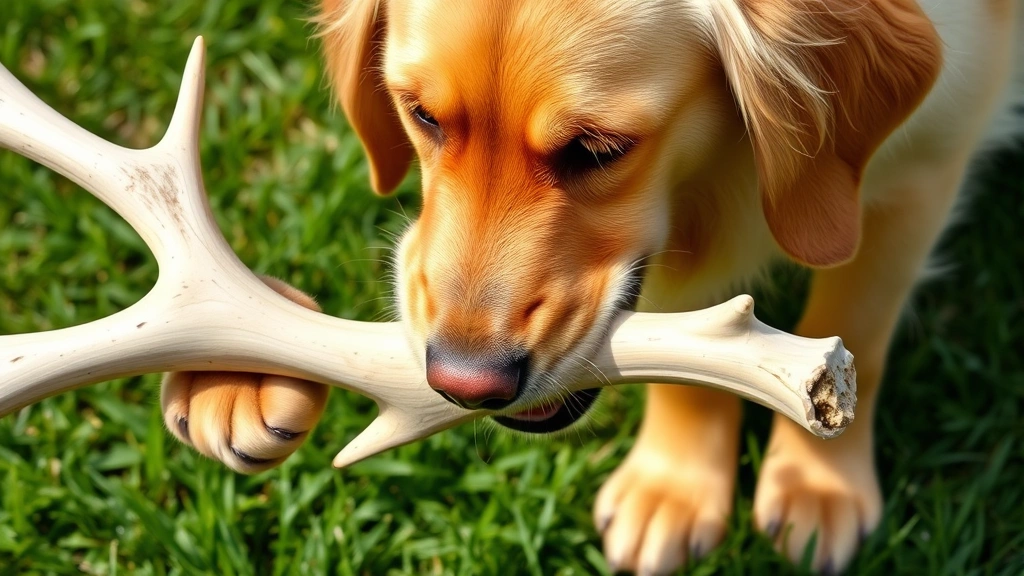 Golden retriever intensely chewing on a large cream-colored antler, focused expression, outdoor natural lighting, green grass background, close-up of dog's face and front paws