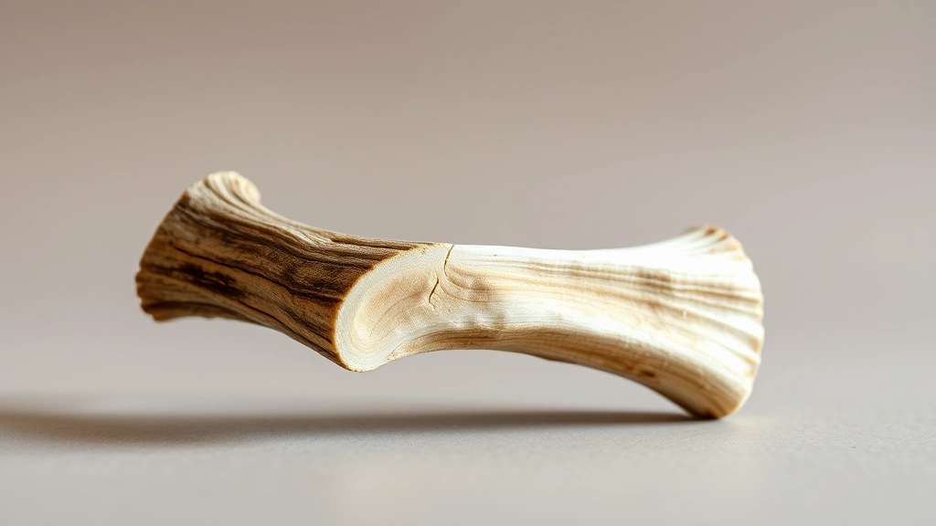 Split antler chew photographed against a neutral background with natural lighting, showing texture and cross-section clearly