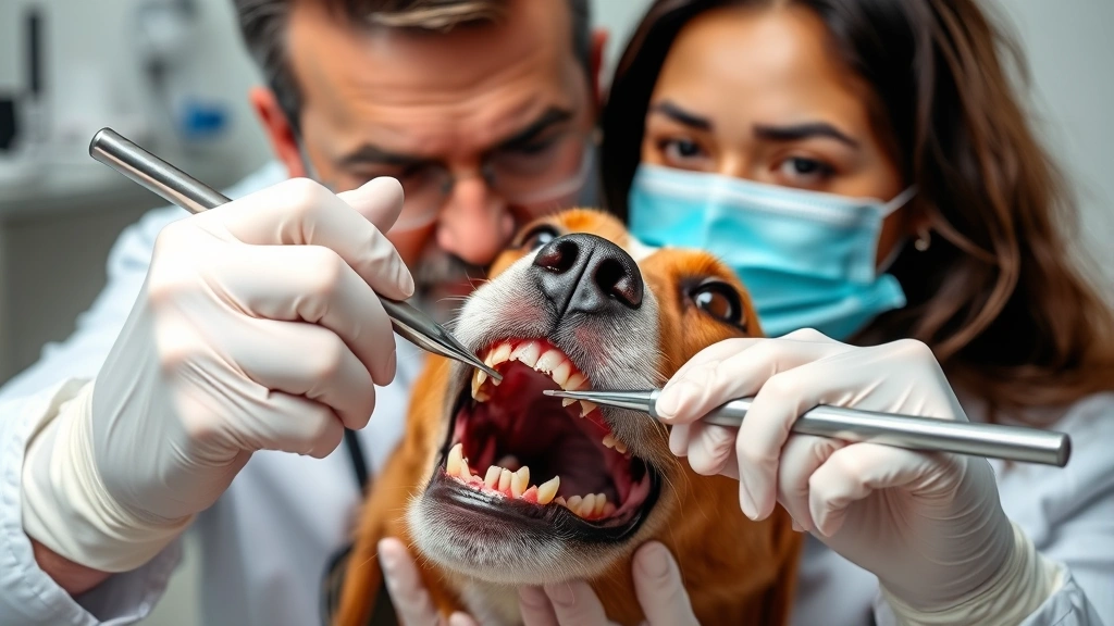 Veterinary dentist examining a dog's teeth with dental tools, professional clinic setting, clear view of dental inspection, concerned expression on vet's face