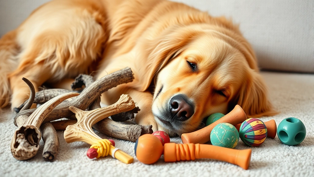 Happy golden retriever resting with various dog chew toys arranged nearby including antlers, bully sticks, and rubber toys on a soft surface