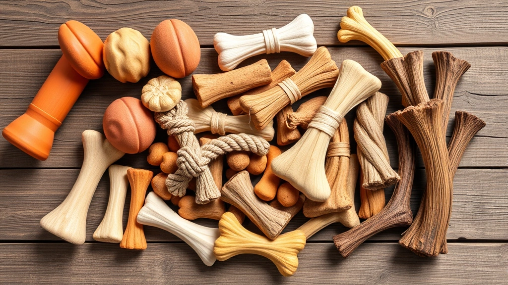 Variety of dog chew toys and treats arranged on wooden surface including rubber Kongs, rope toys, bully sticks, and yak chews, natural daylight, pet-focused composition