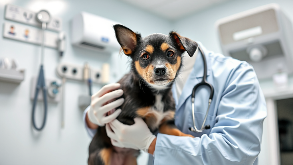 Veterinarian examining small dog in clean clinic setting, medical equipment visible, professional healthcare atmosphere, no text no words no letters