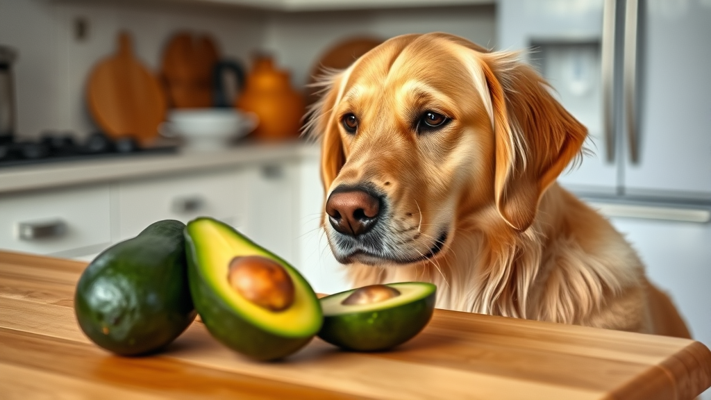 Golden retriever looking curiously at fresh avocado on kitchen counter, natural lighting, no text no words no letters