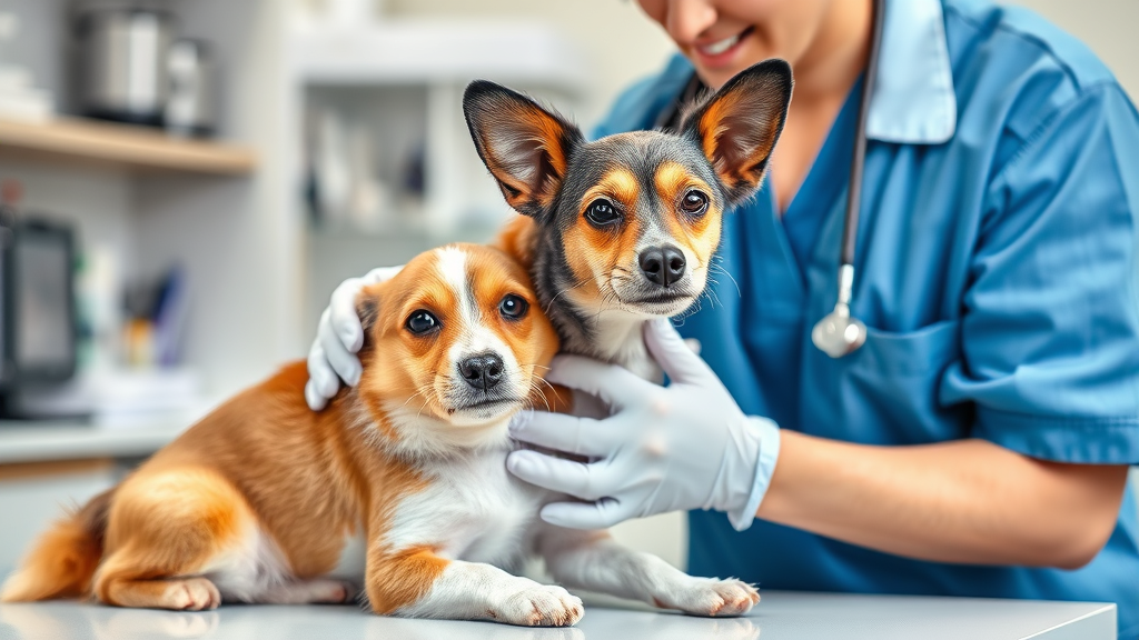 Veterinarian examining small dog in clinic setting, professional medical environment, no text no words no letters