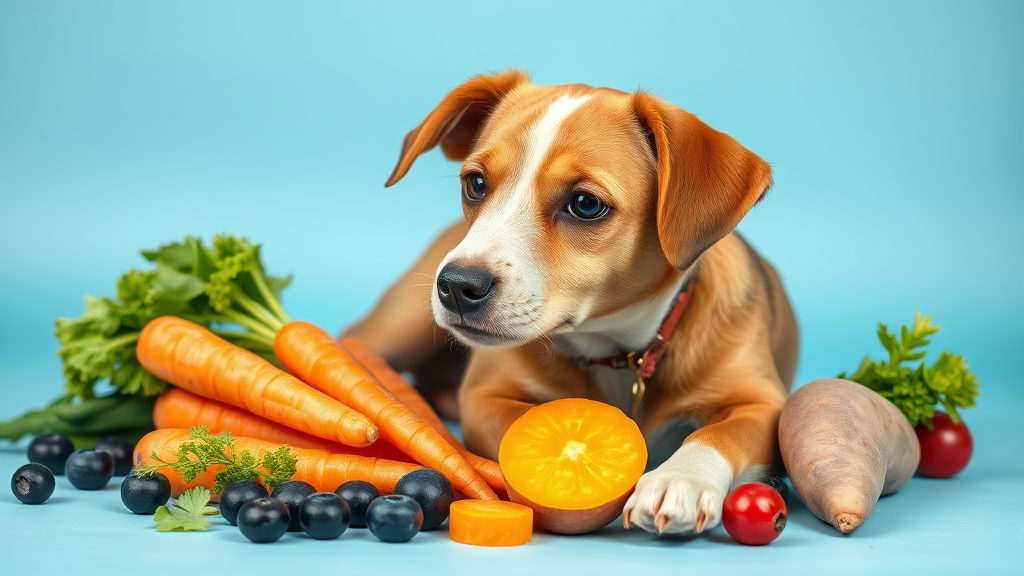 Colorful array of dog-safe fruits and vegetables including blueberries carrots sweet potatoes, no text no words no letters