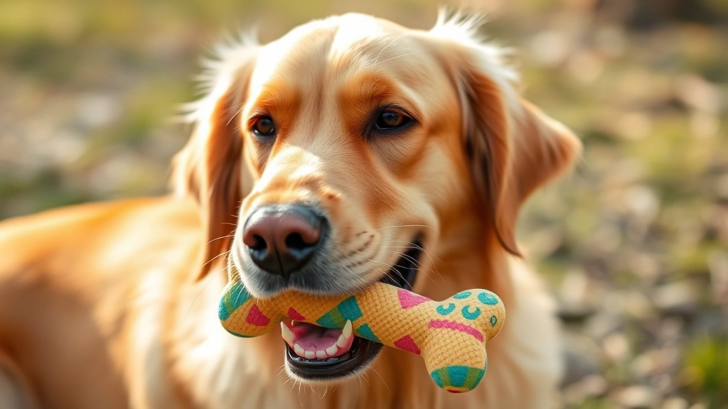 Golden retriever happily chewing on a colorful bone-shaped chew toy outdoors in natural daylight, focused expression on dog's face
