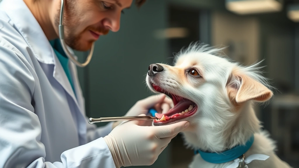 Veterinarian examining a small white dog's mouth and teeth during a dental checkup in a modern clinic setting