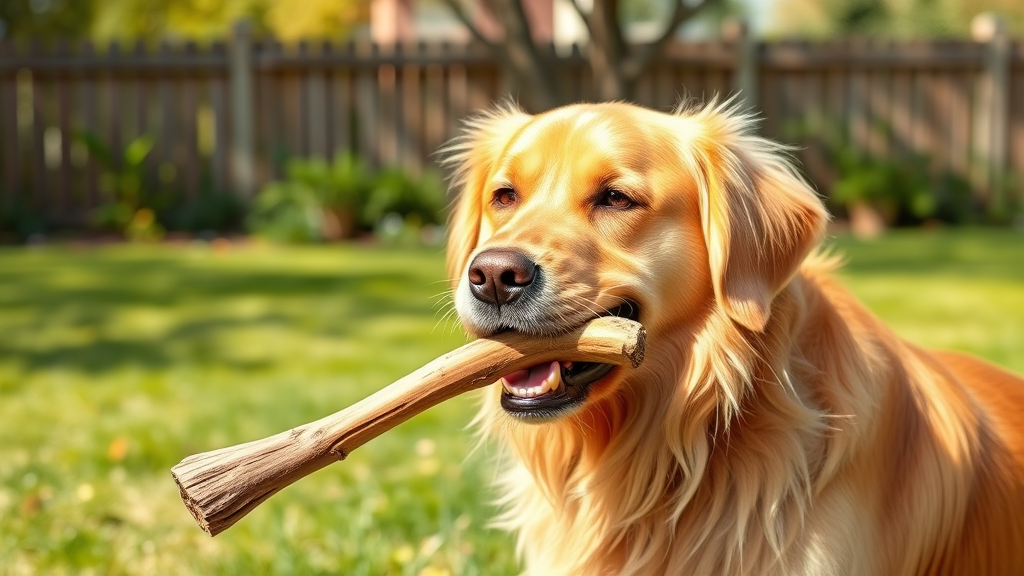 Happy golden retriever dog chewing natural bully stick treat outdoors in sunny yard, no text, no words, no letters
