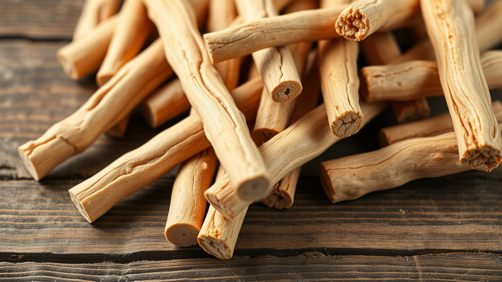 Close up view of various sized natural bully sticks arranged on wooden surface showing texture detail, no text, no words, no letters