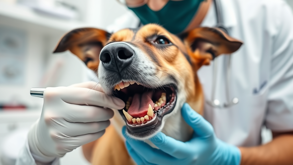 Veterinarian examining dog teeth and gums during dental checkup in modern clinic setting, no text, no words, no letters
