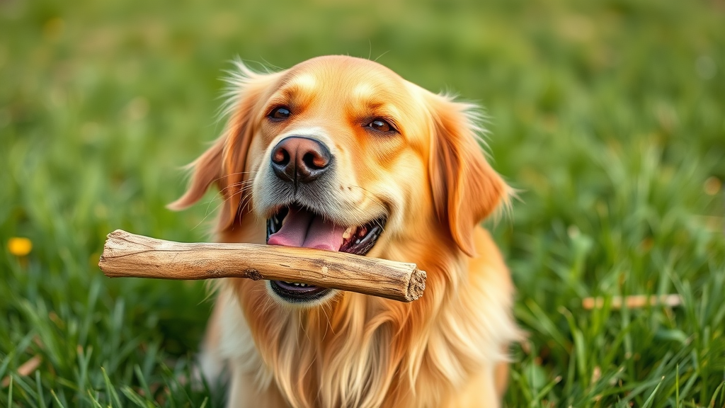 Happy golden retriever dog chewing natural bully stick treat outdoors in grass no text no words no letters