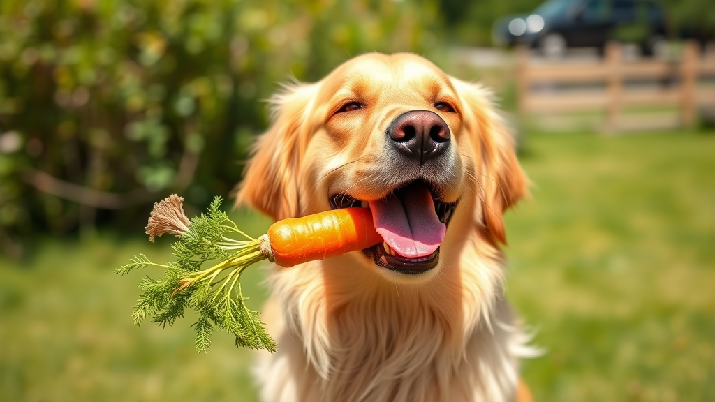 Happy golden retriever dog holding fresh orange carrot in mouth outdoors sunny day no text no words no letters