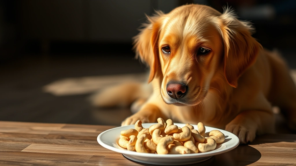 Golden Retriever sitting attentively looking at a handful of raw cashews on a white plate, shallow depth of field, warm natural lighting