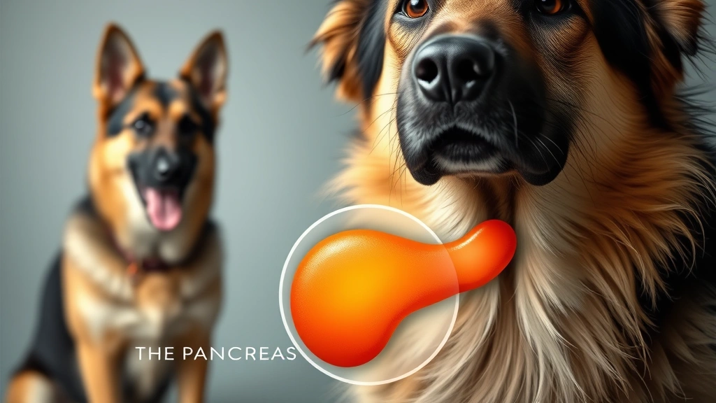 Close-up of a dog's digestive system illustration showing the pancreas, with a concerned German Shepherd in background, medical educational style