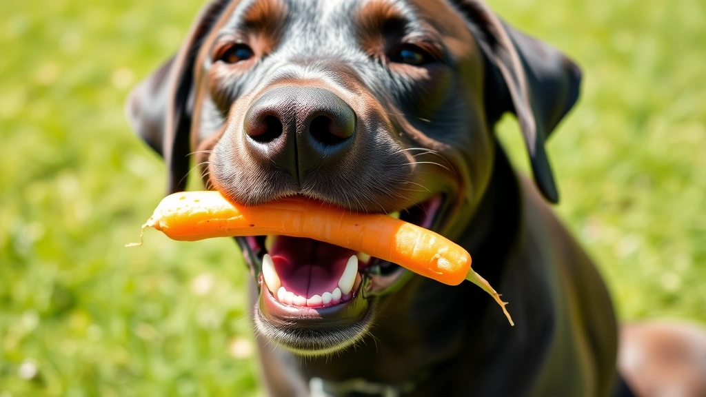 Happy Labrador enjoying a crunchy carrot treat outdoors, bright daylight, fresh green grass background, dog's face showing satisfaction