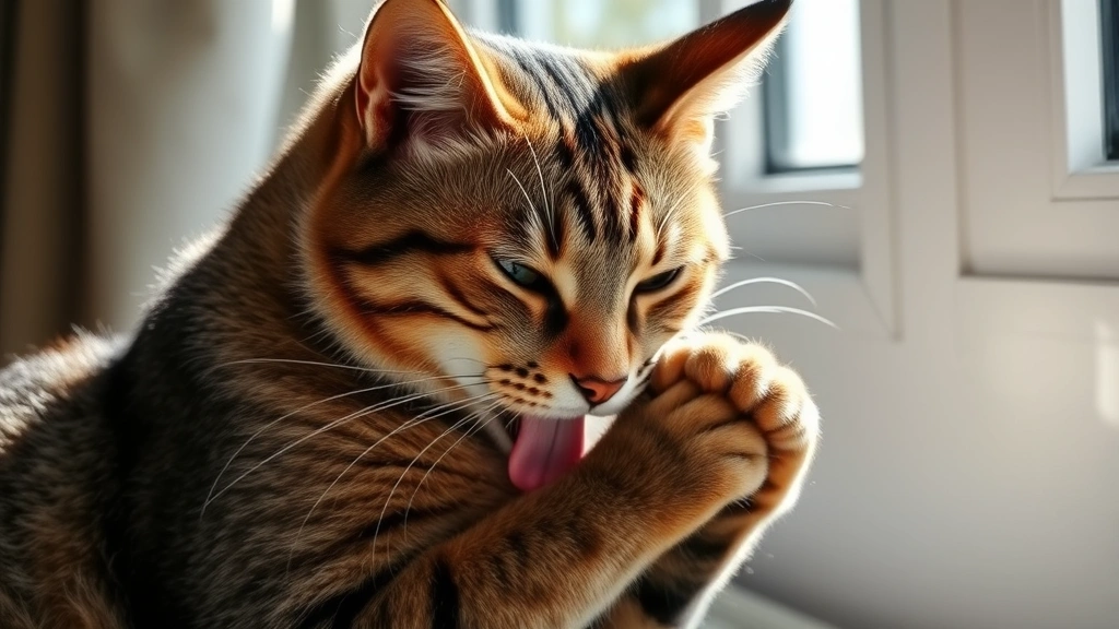 A sleek tabby cat mid-grooming, tongue out, focused expression on face, sunlight streaming through window onto fur, showing detailed coat texture and grooming motion