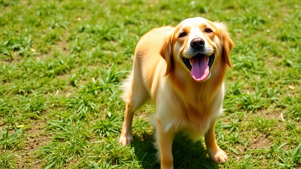 A happy golden retriever standing outdoors after playing in grass, tongue out, muddy paws visible, natural lighting with green grass background, playful expression