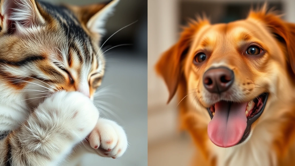 Close-up comparison scene: cat licking paw on left side with pristine fur, dog face on right side with tongue out, split-screen style showing grooming differences