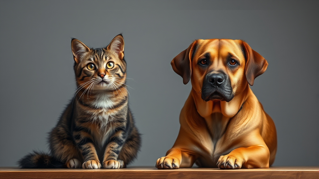 Thoughtful cat and dog sitting side by side looking intelligent and contemplative, no text no words no letters