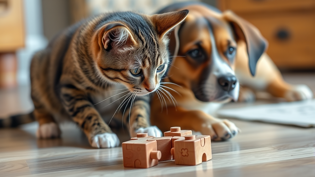 Cat solving puzzle toy while dog watches, showing problem solving abilities, no text no words no letters