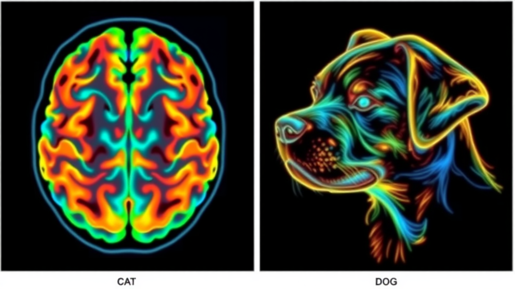 Brain scan comparison visualization of cat and dog neural activity, no text no words no letters