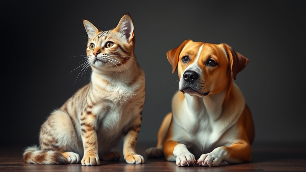 A thoughtful cat and intelligent dog sitting side by side looking contemplative, no text no words no letters
