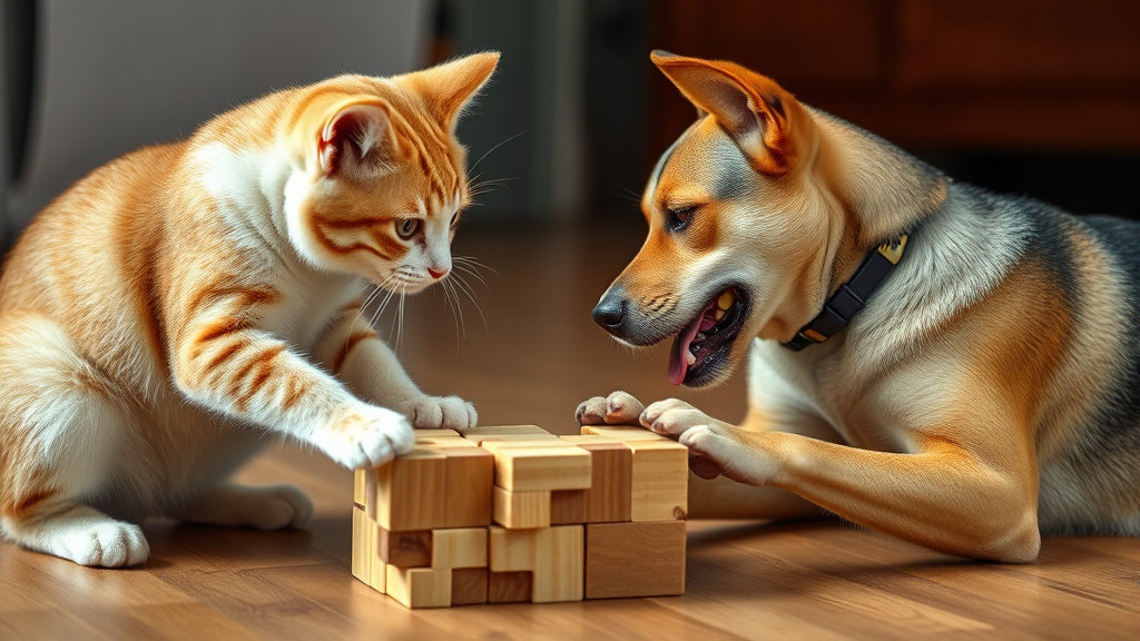 Cat solving puzzle while dog performs trained task showing different intelligence types, no text no words no letters