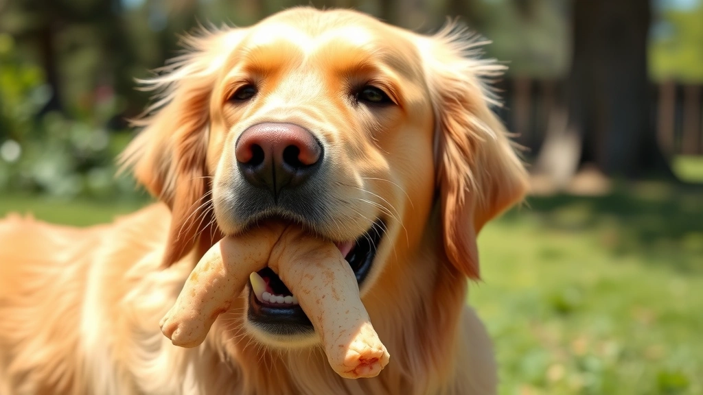 Golden retriever happily chewing on a chicken foot treat outdoors in natural sunlight, showing contentment and engagement