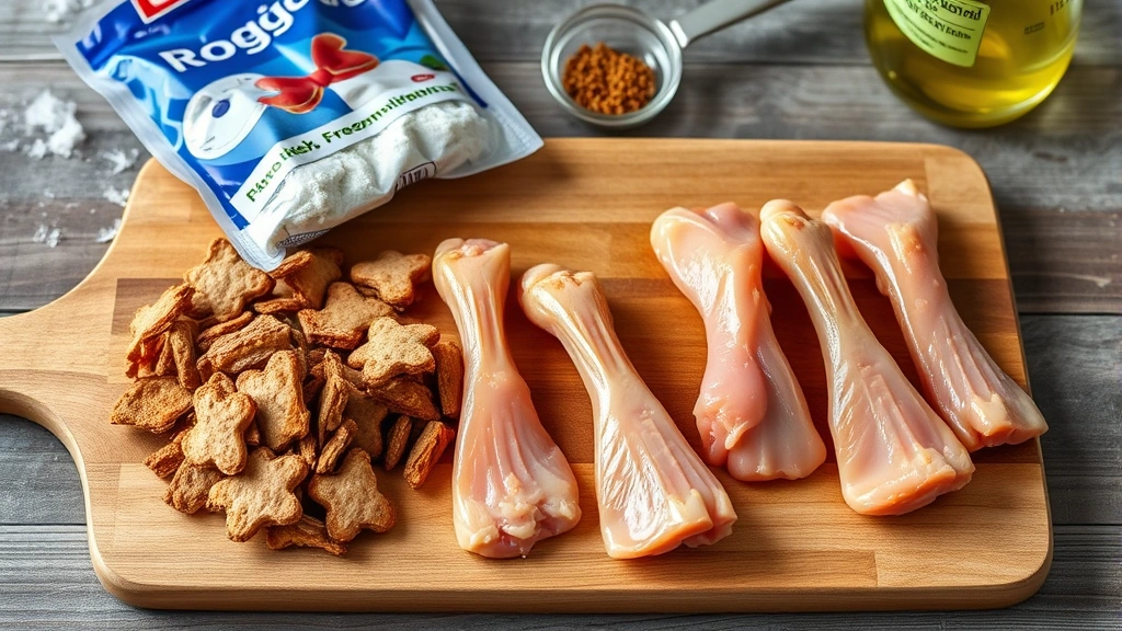 Dog treat preparation setup with freeze-dried and raw chicken feet arranged on wooden board with food safety elements visible