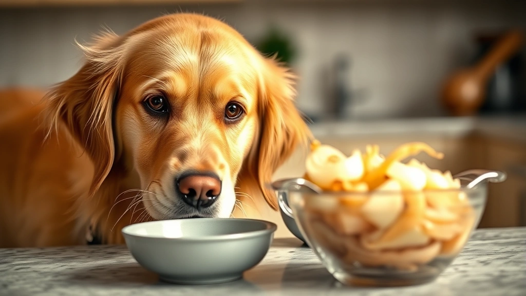 Golden retriever looking at a bowl of cooked onions on a kitchen counter, curious expression, warm lighting, shallow depth of field