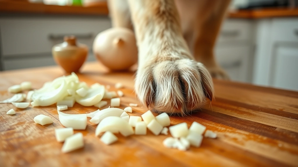 Close-up of a dog's paw near scattered onion pieces on a wooden cutting board, natural kitchen setting, soft daylight
