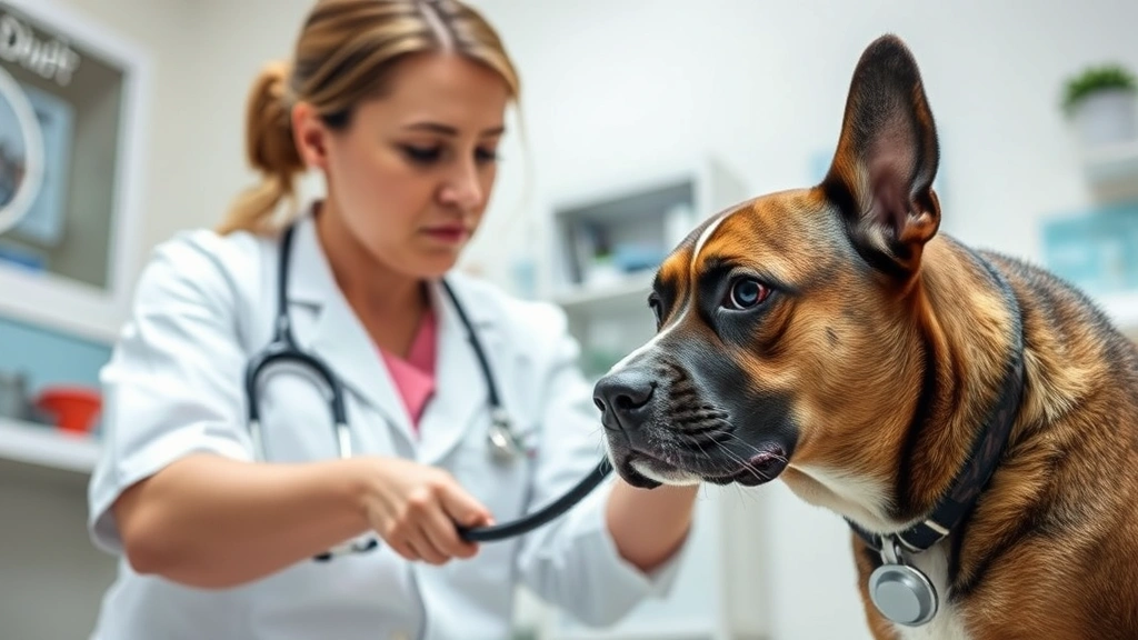 Veterinarian examining a sick dog in a clinical setting, stethoscope visible, concerned expression, professional medical environment