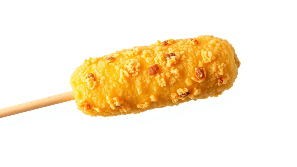 Golden fried corn dog on a stick with cornmeal coating, close-up detail shot showing crispy texture, isolated on white background