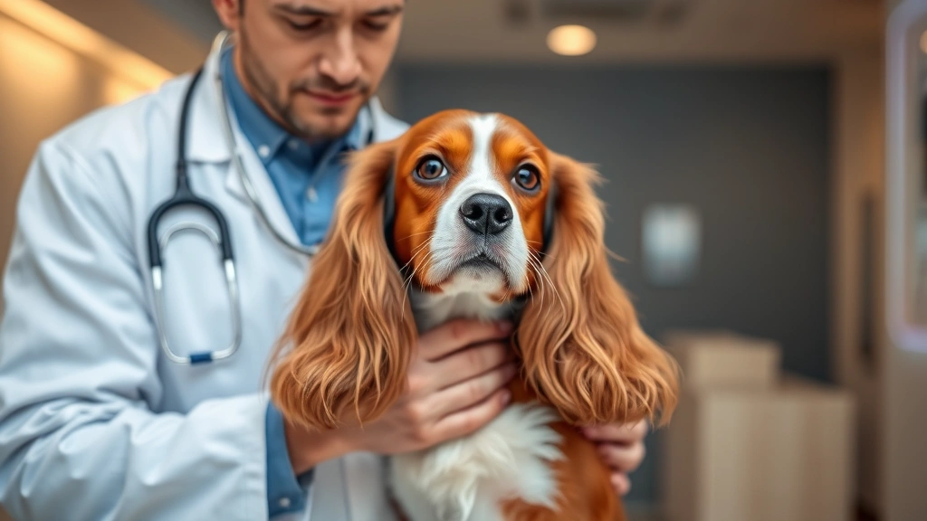 Veterinarian examining a brown and white spaniel with stethoscope in modern clinic, professional medical setting with warm lighting