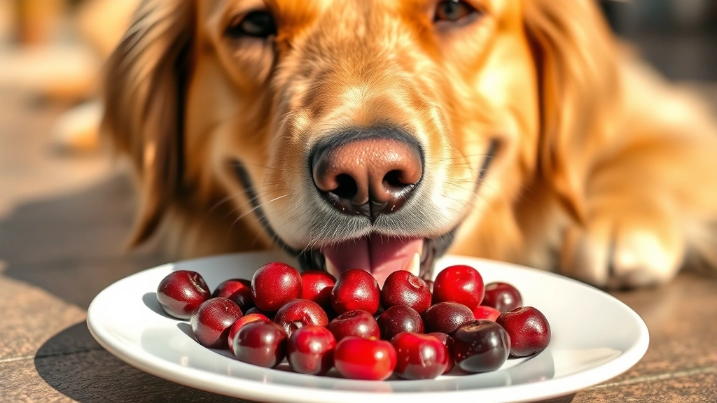 Close-up of a happy golden retriever's face with fresh cranberries scattered on a white plate in front, natural daylight lighting, playful expression