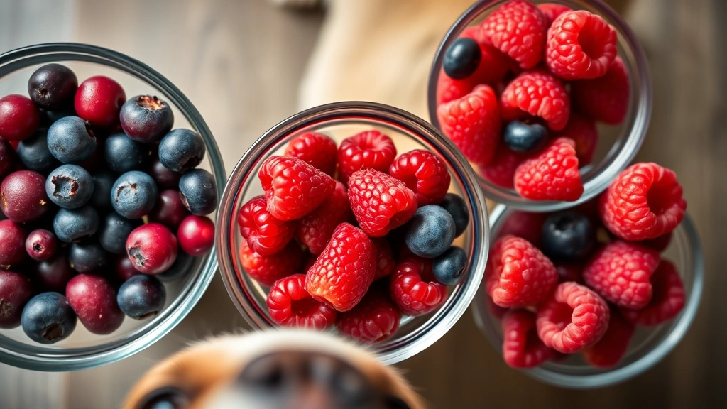 Overhead shot of various berries including cranberries, blueberries, and raspberries in separate glass bowls with a curious dog's nose visible at the edge, natural lighting