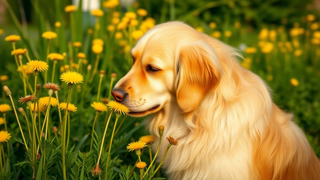 Golden retriever sniffing yellow dandelion flowers in a lush green garden during daytime