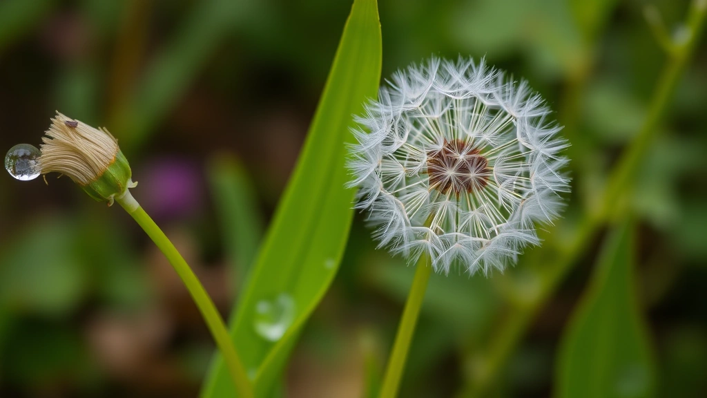 Close-up of fresh dandelion leaves and stems with water droplets, garden background blurred