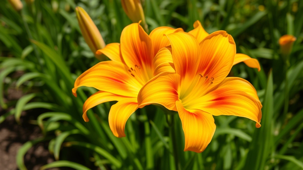 Golden and orange day lilies blooming in a sunny garden bed with natural green foliage background, vibrant petals in sharp focus