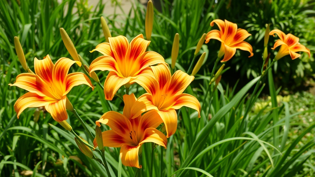 Golden and orange daylilies blooming in a garden bed with green foliage, bright sunlight, natural garden setting