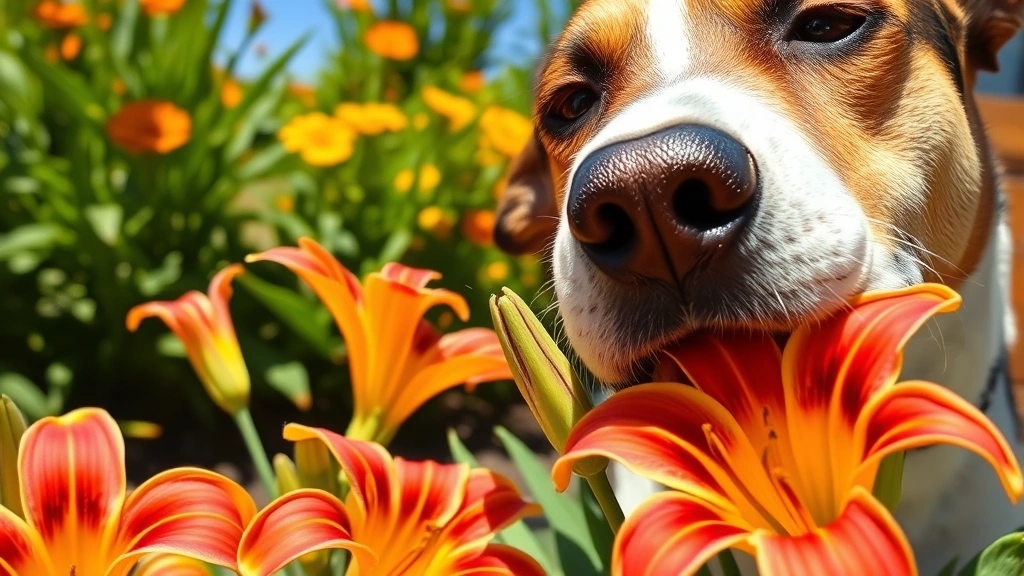 Close-up of a dog sniffing colorful daylily flowers in a sunny garden, showing the dog's face and flower details clearly