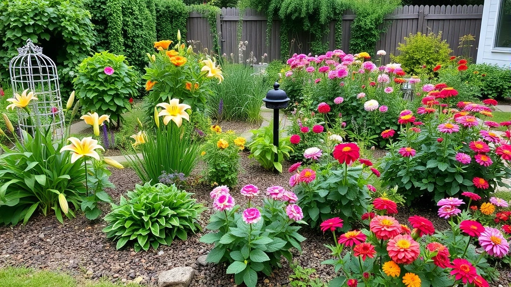 Wide garden landscape with various dog-safe flowering plants including daylilies, roses, and zinnias in a pet-friendly backyard