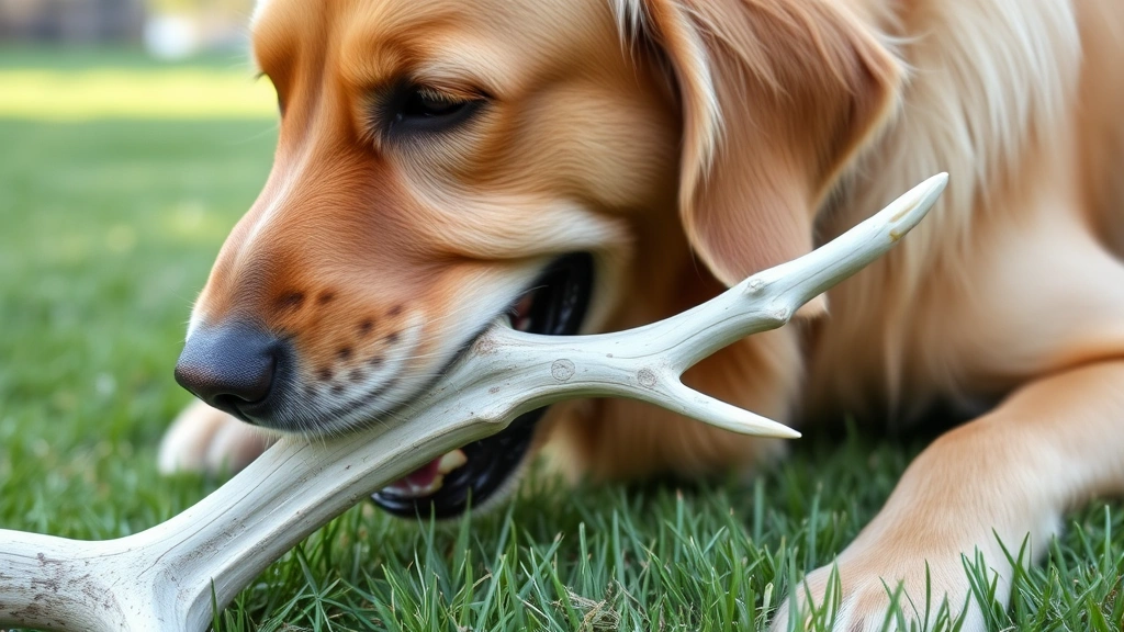 Golden retriever happily chewing on a natural deer antler outdoors in grassy yard