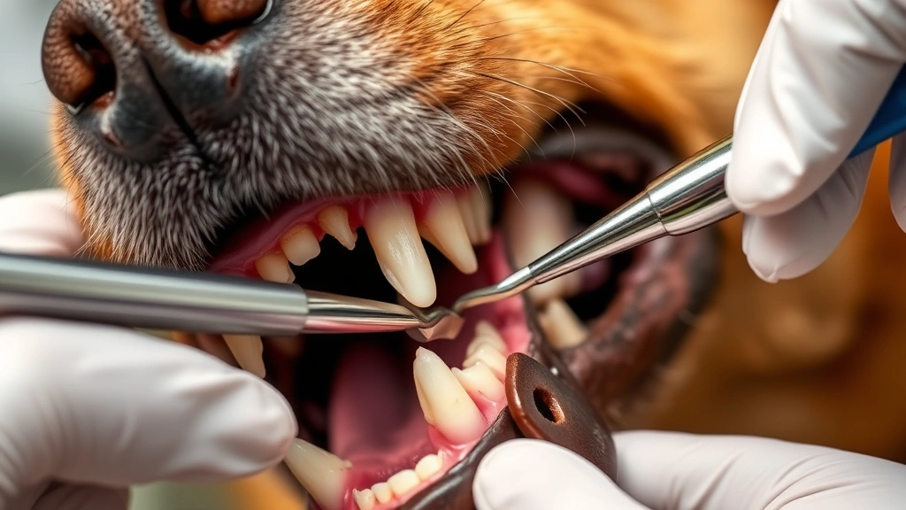 Close-up of dog's teeth and jaw during examination by veterinarian with dental tools
